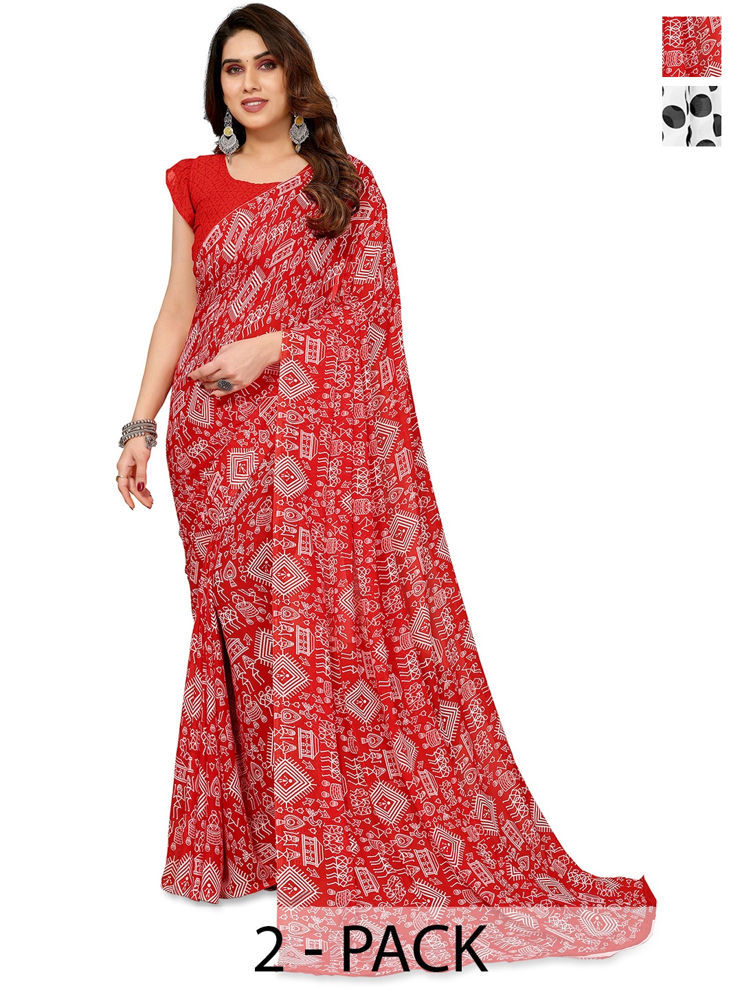 ANAND SAREES Polka Dots 2- Pack Saree, White
