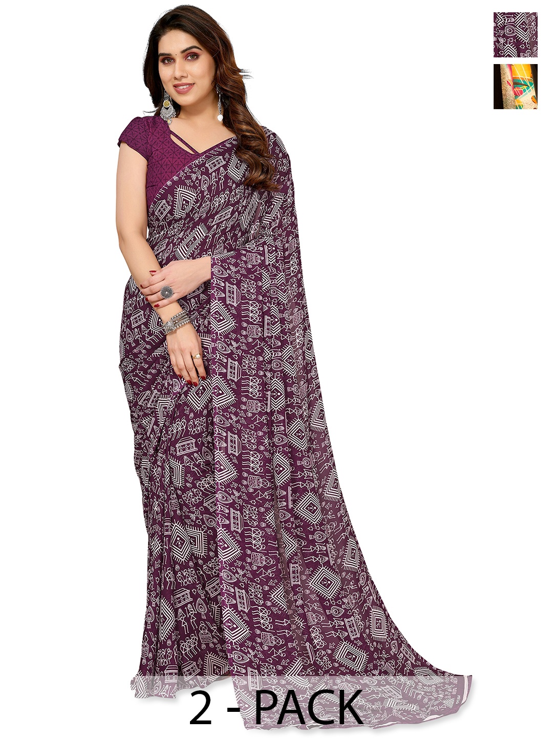 

ANAND SAREES Warli 2-Pack Saree, Purple