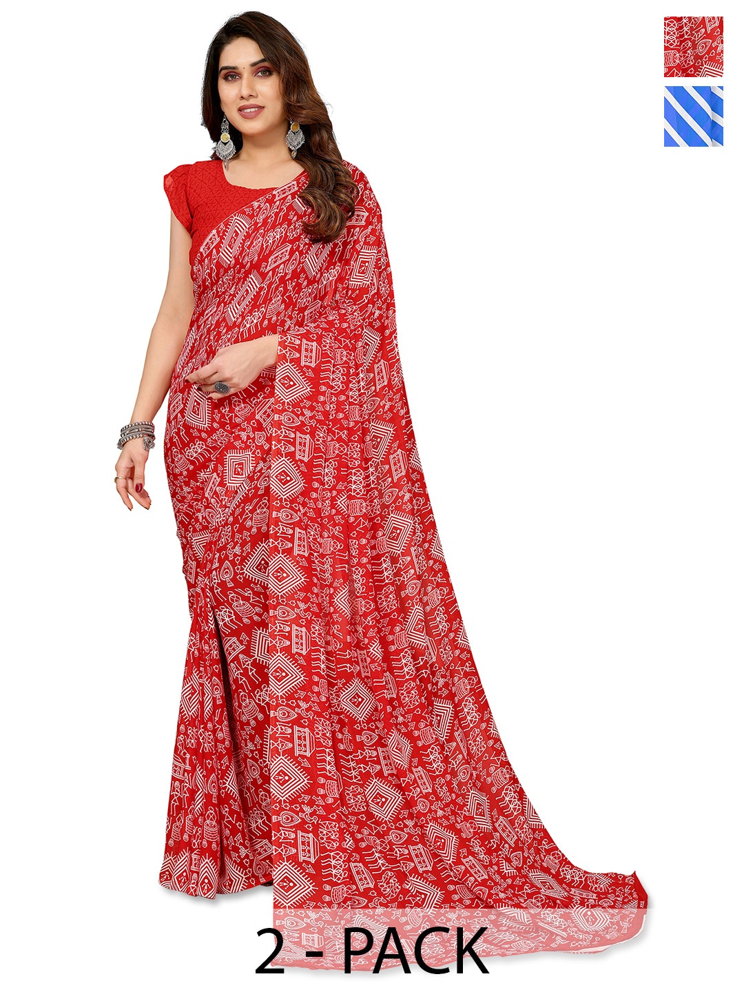 

ANAND SAREES Warli 2-Pack Saree, Red