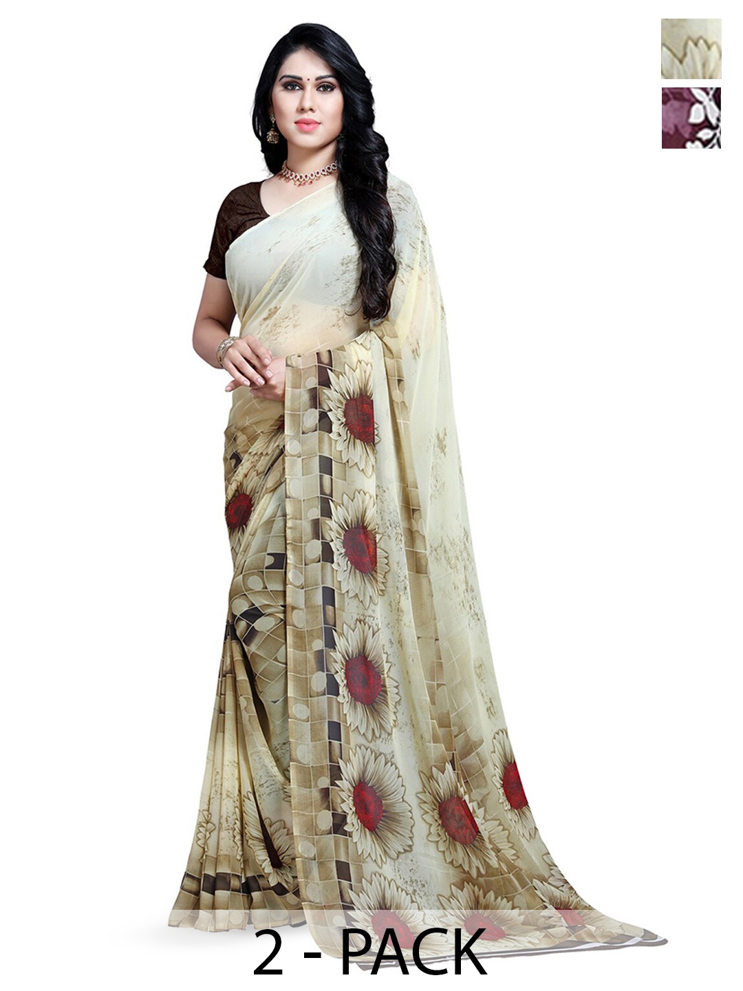 

ANAND SAREES Selection of 2 Floral Printed Sarees, Maroon