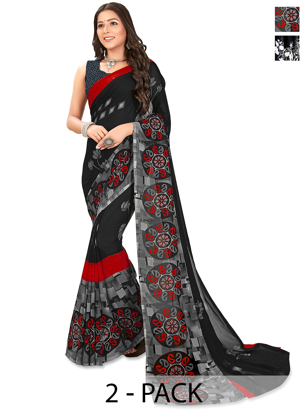 

ANAND SAREES Floral Saree Pack of 2, Black