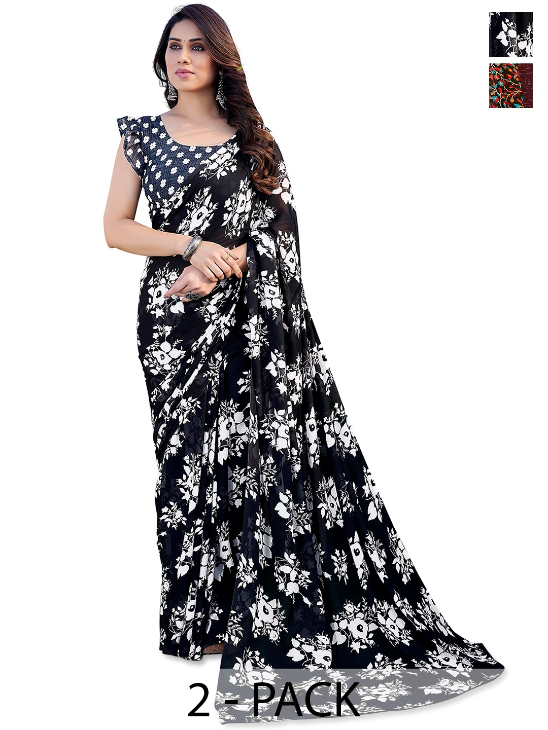 ANAND SAREES Floral Saree Pack of 2, Black
