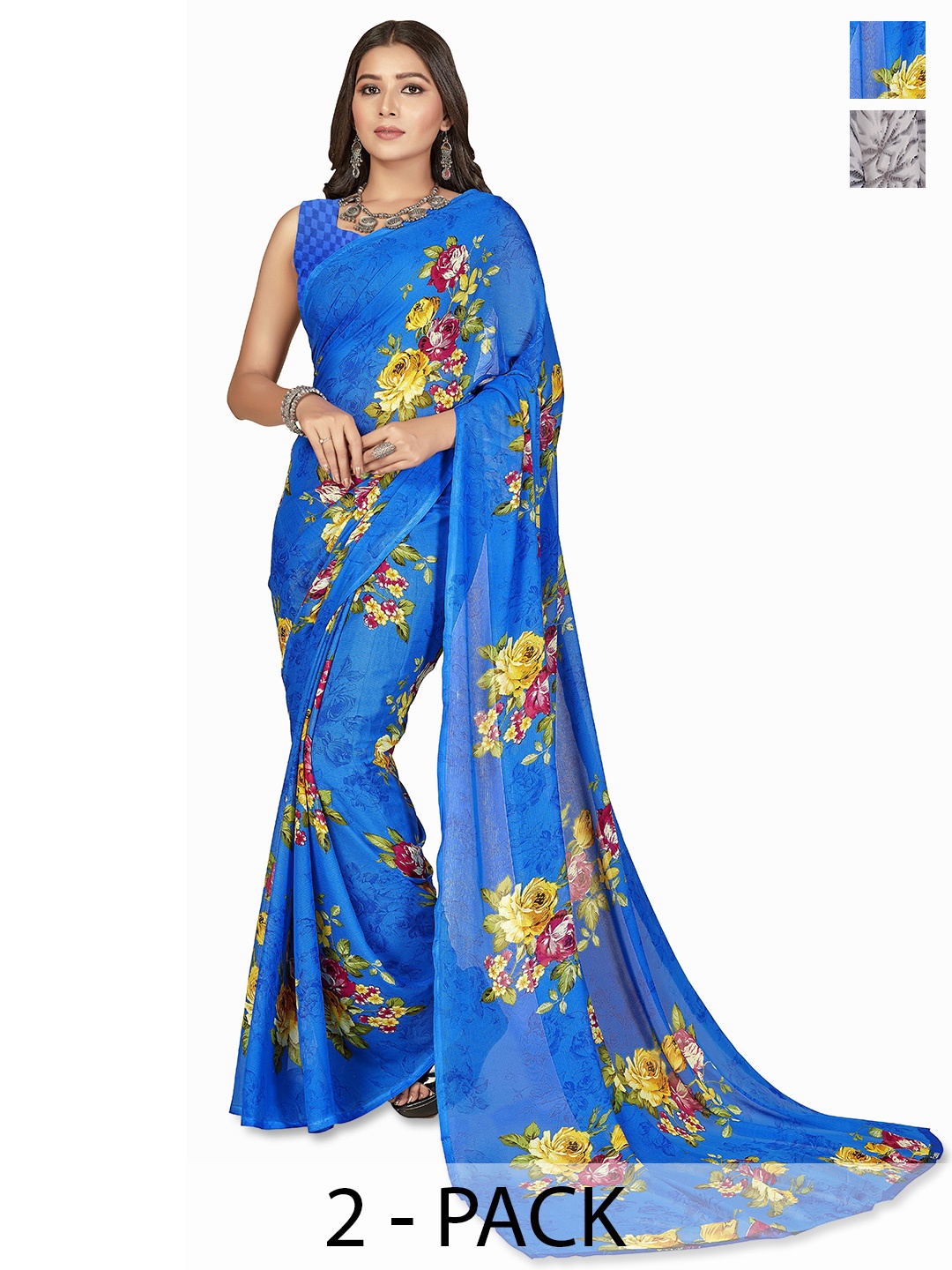 ANAND SAREES Floral Saree Pack of 2, Blue
