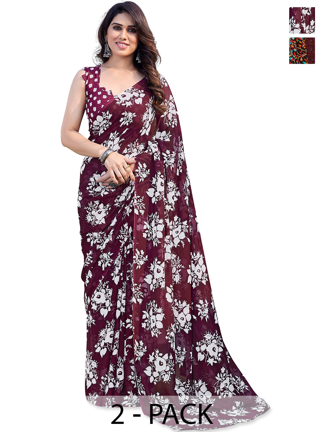 

ANAND SAREES Floral Saree Pack of 2, Maroon