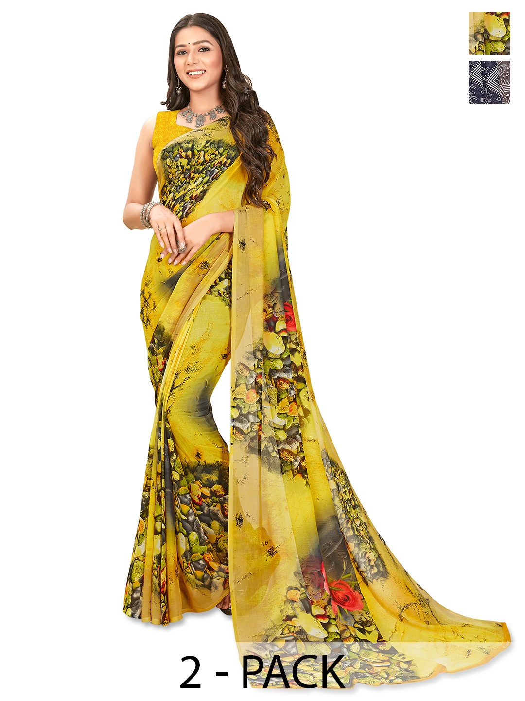 

ANAND SAREES Floral Saree Pack of 2, Navy blue