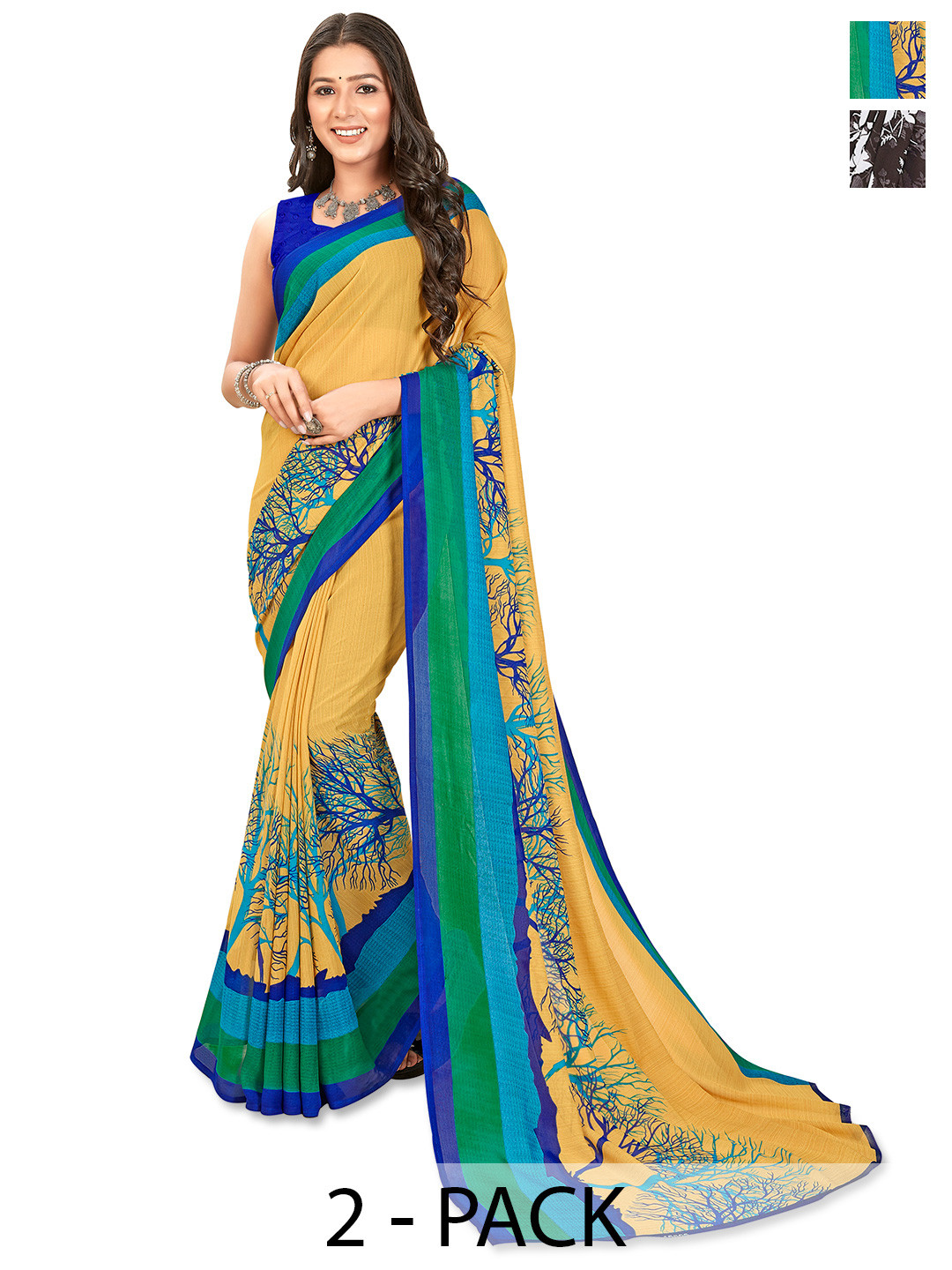 

ANAND SAREES Floral Saree Pack of 2, Beige