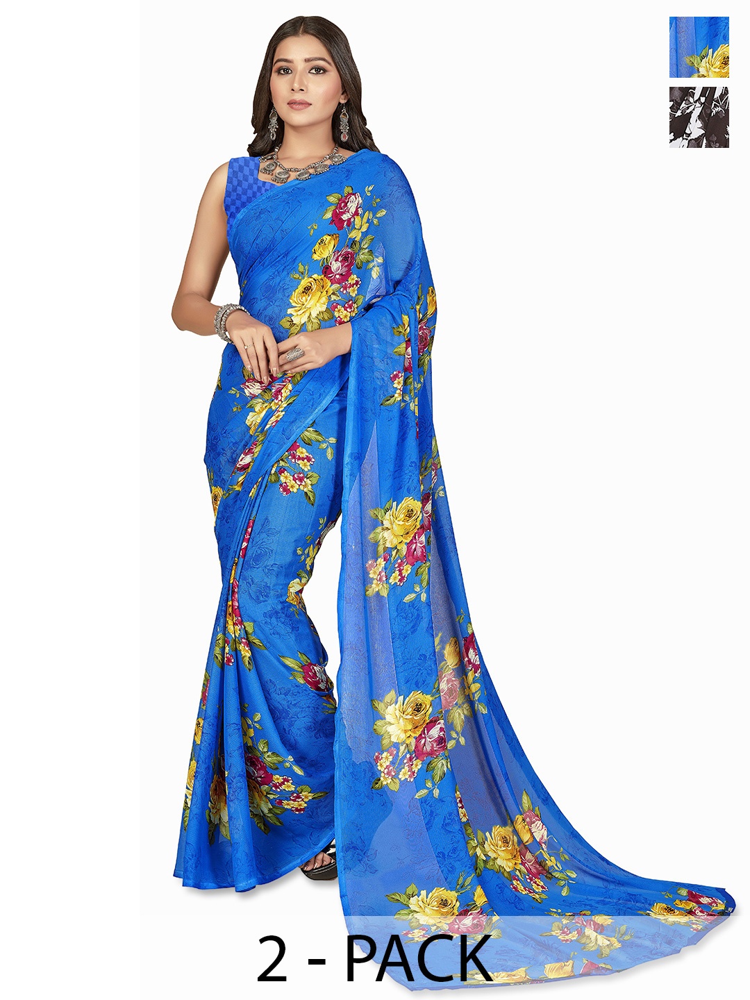 ANAND SAREES Floral Saree Pack of 2, Blue