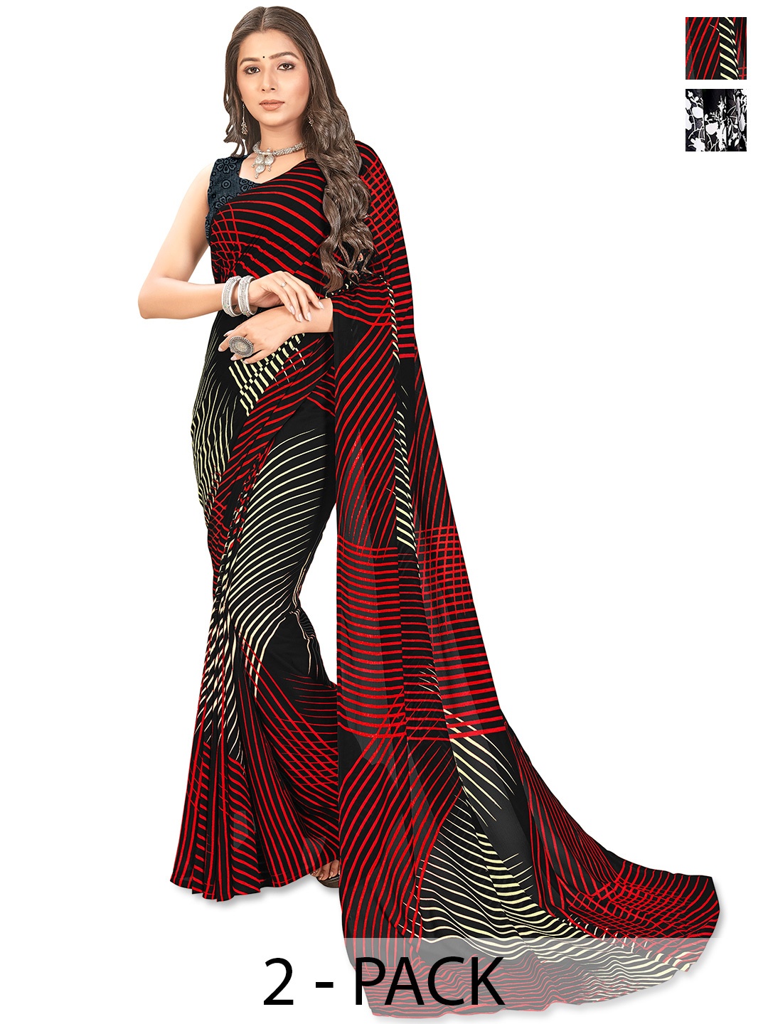 

ANAND SAREES Striped Saree Pack of 2, Red