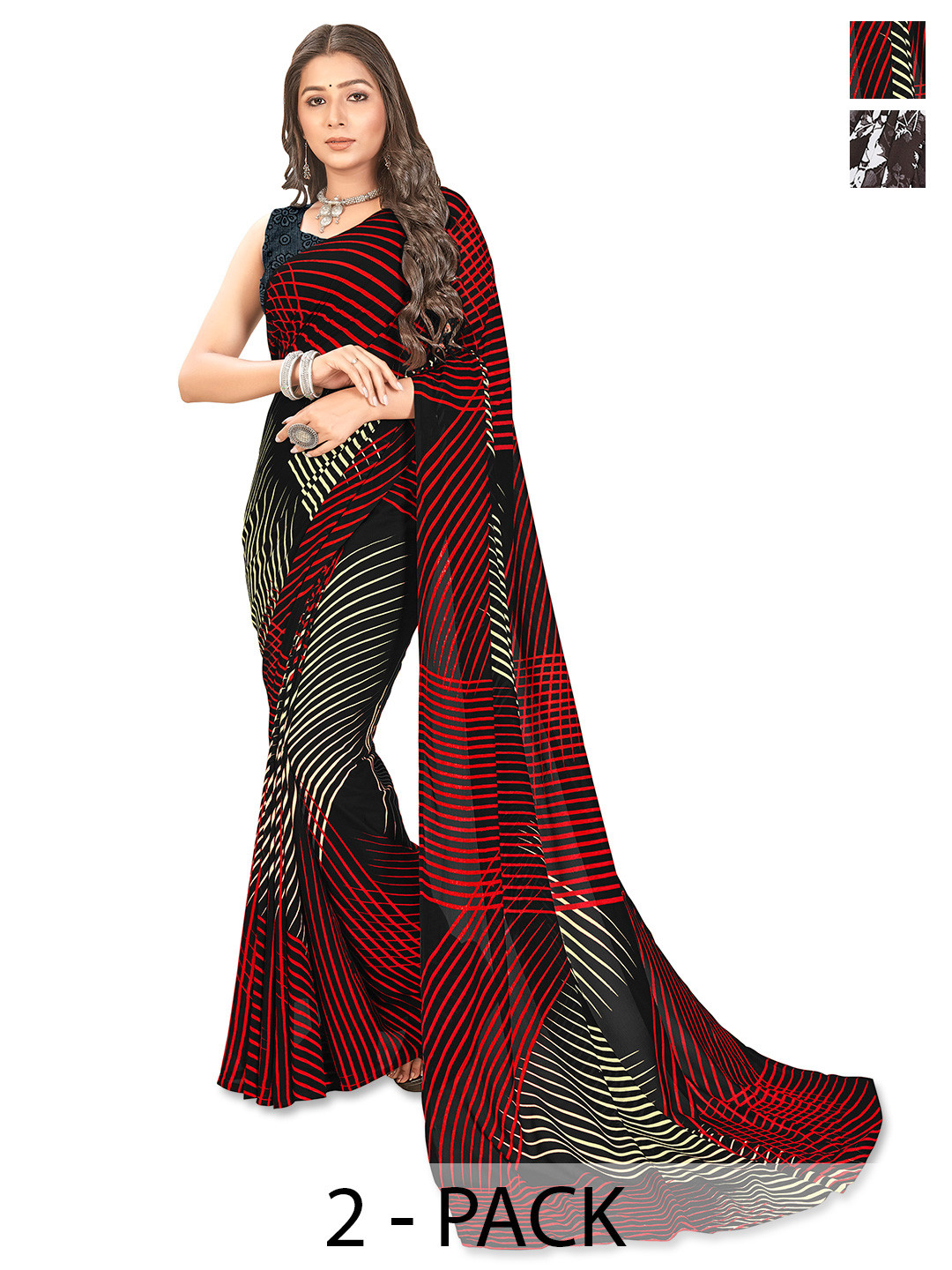 

ANAND SAREES Floral Half and Half Saree Pack of 2, Brown