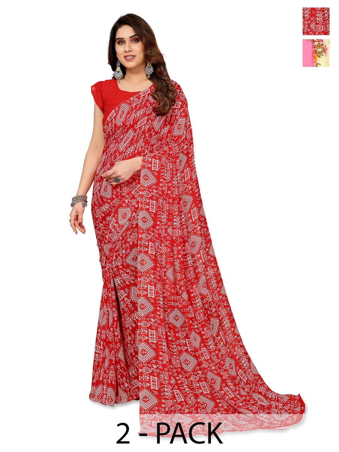

ANAND SAREES Floral Saree Pack of 2, Red