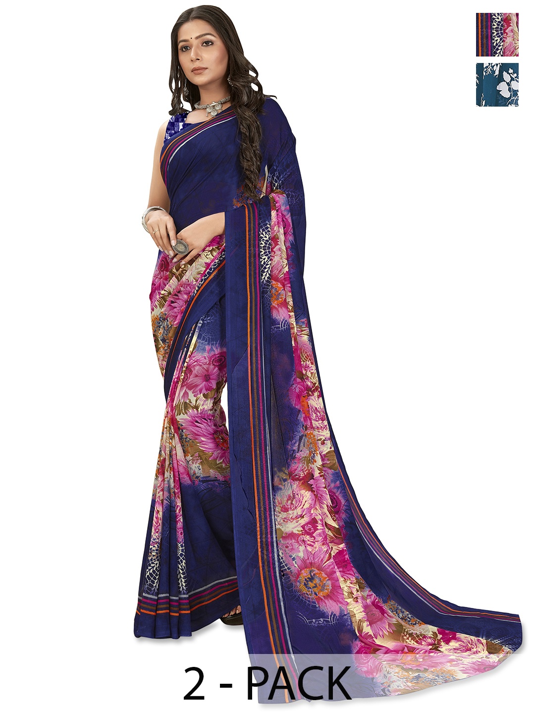 

ANAND SAREES Floral Saree Pack of 2, Blue