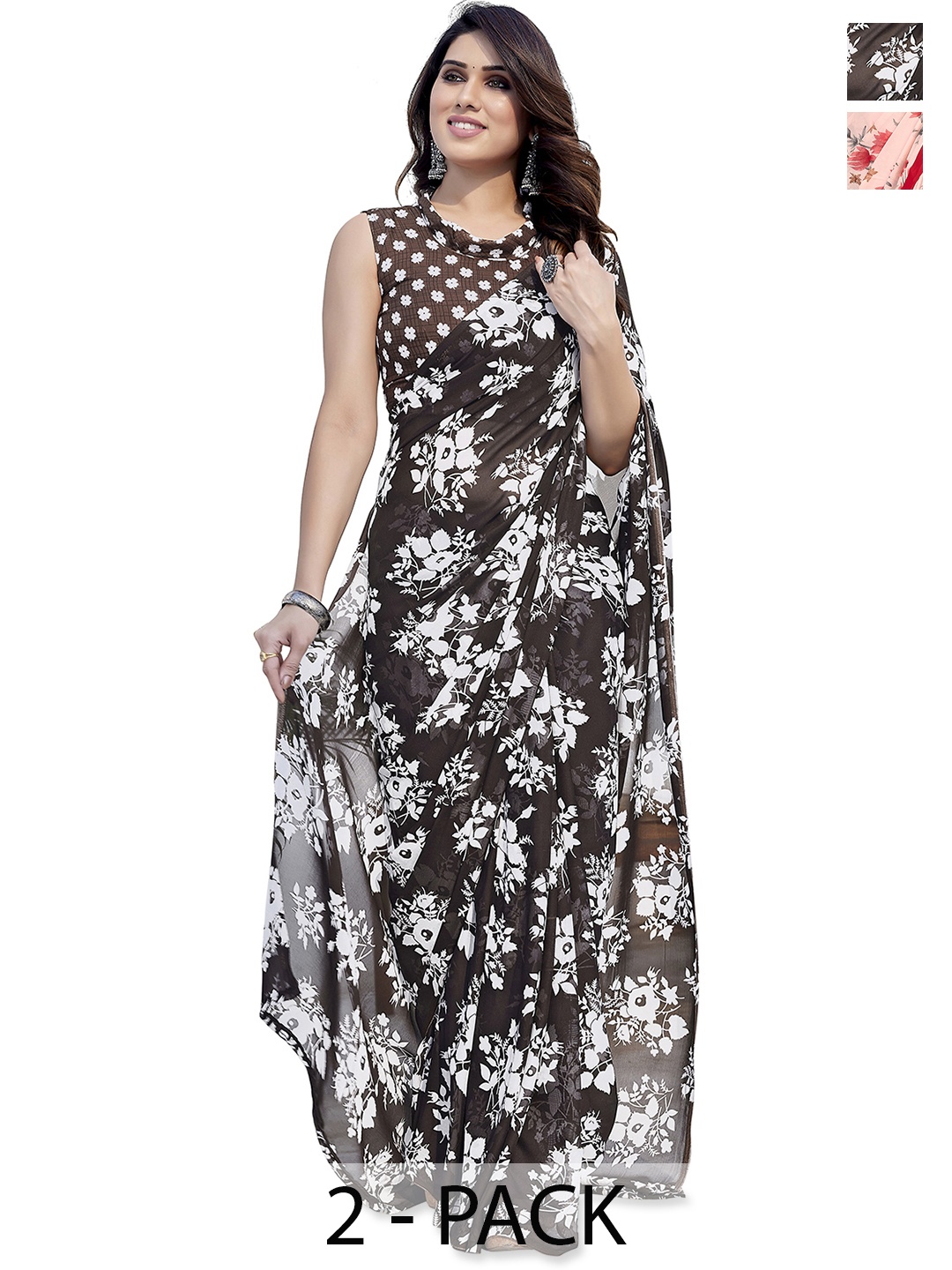 

ANAND SAREES Floral Saree Pack of 2, Peach