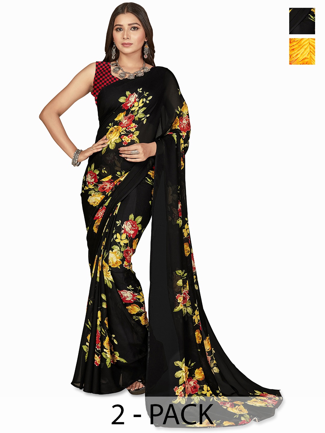 

ANAND SAREES Floral Saree Pack of 2, Black