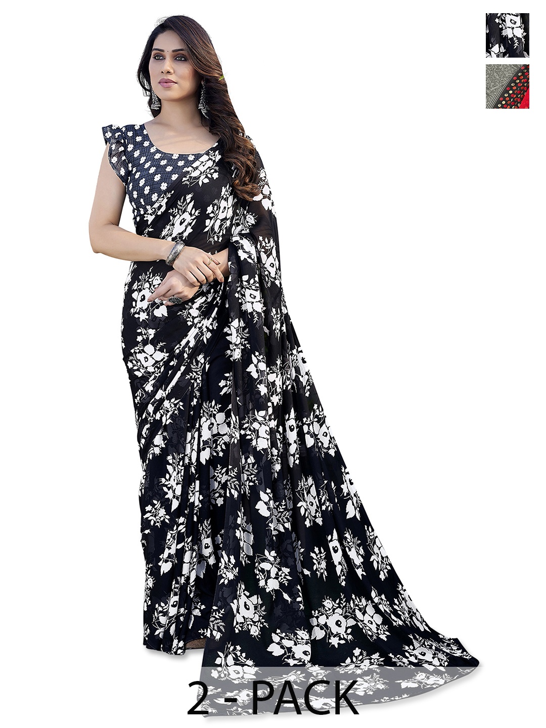 

ANAND SAREES Floral Saree Pack of 2, Black