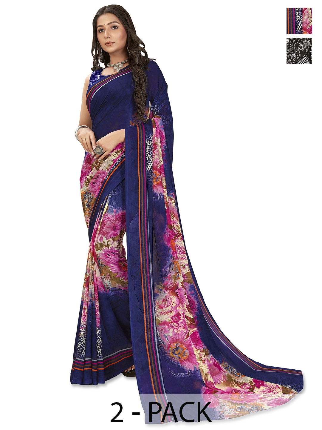 

ANAND SAREES Geometric Saree Pack of 2, Navy blue