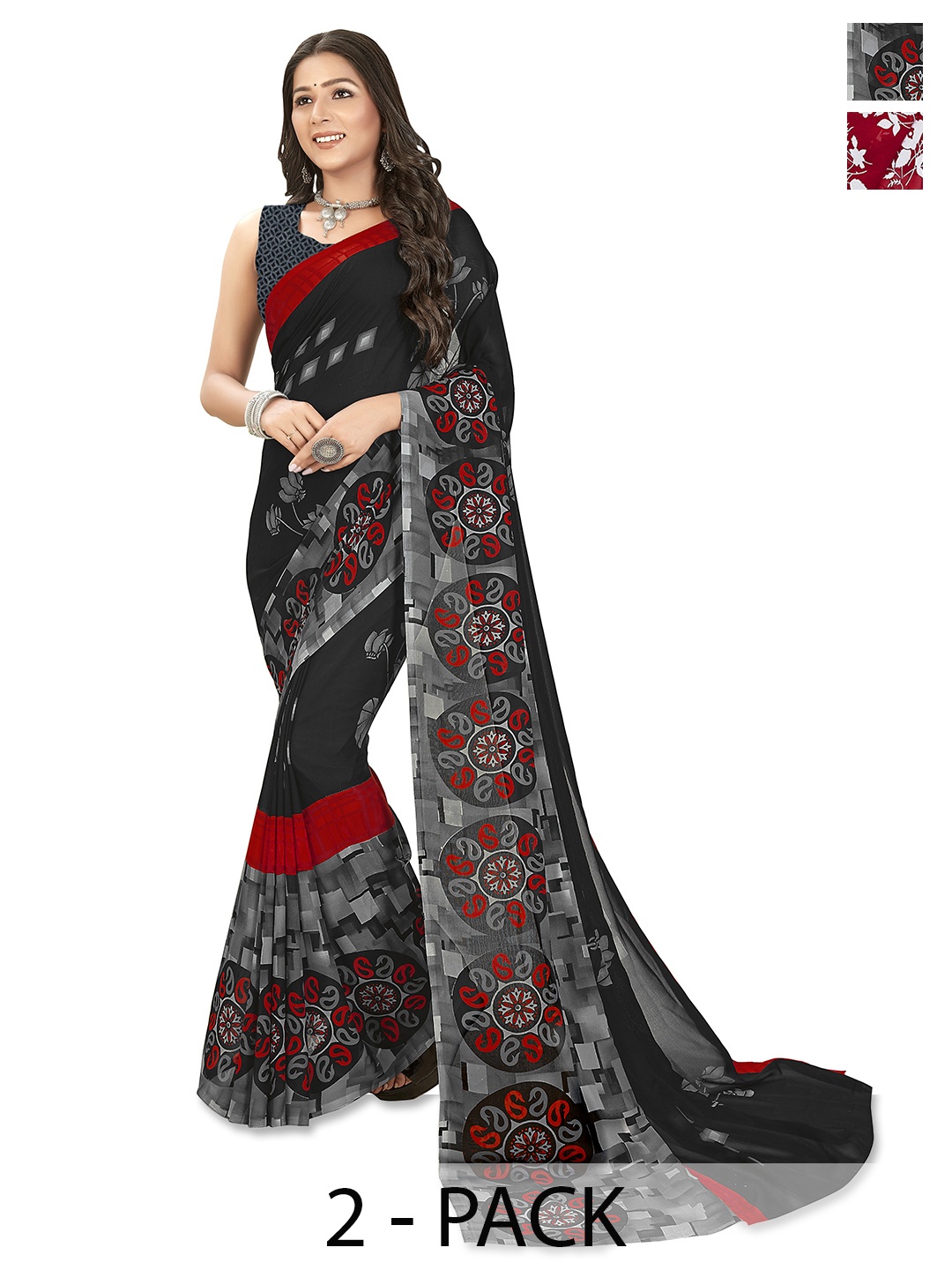 

ANAND SAREES Floral Saree Pack of 2, Black