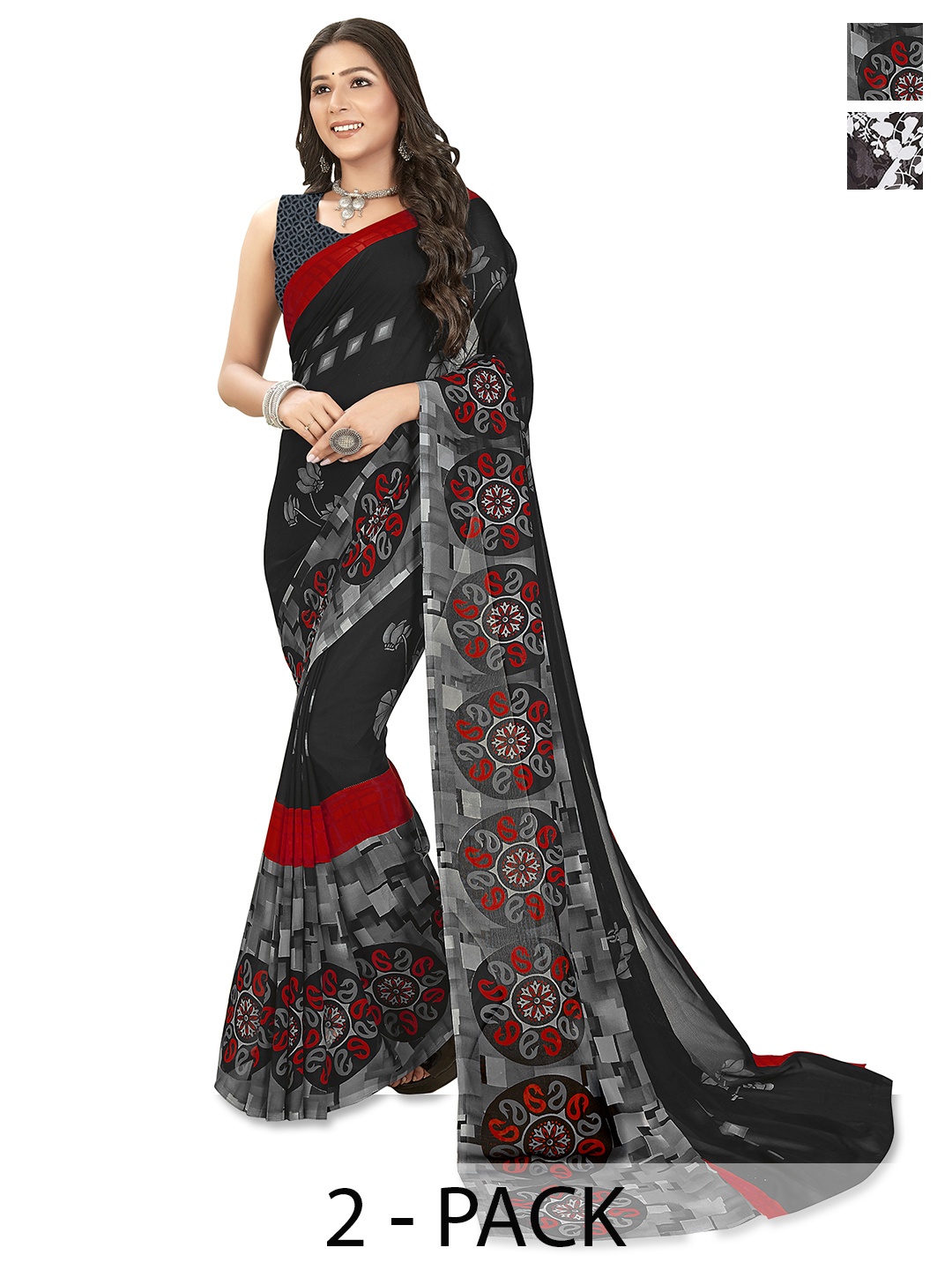 

ANAND SAREES Floral Saree Pack of 2, Black