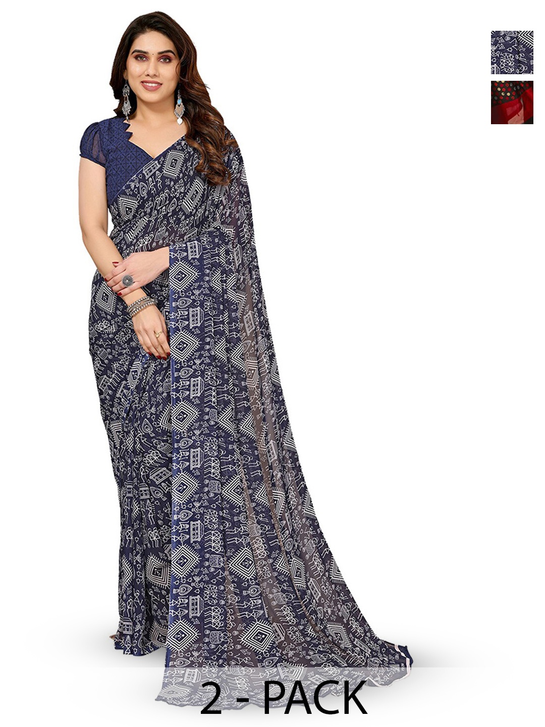 

ANAND SAREES Selection of 2 Warli Printed Saree, Navy blue