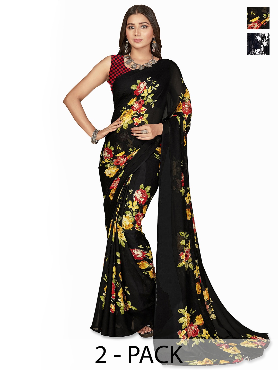 

ANAND SAREES Floral Saree Pack of 2, Black