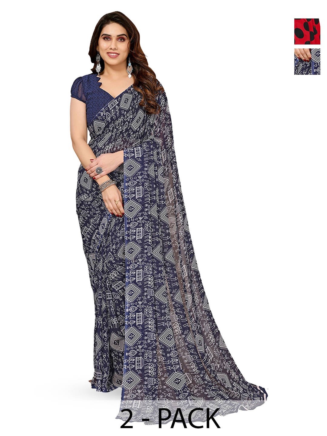 

ANAND SAREES Selection of 2 Warli Printed Saree, Navy blue