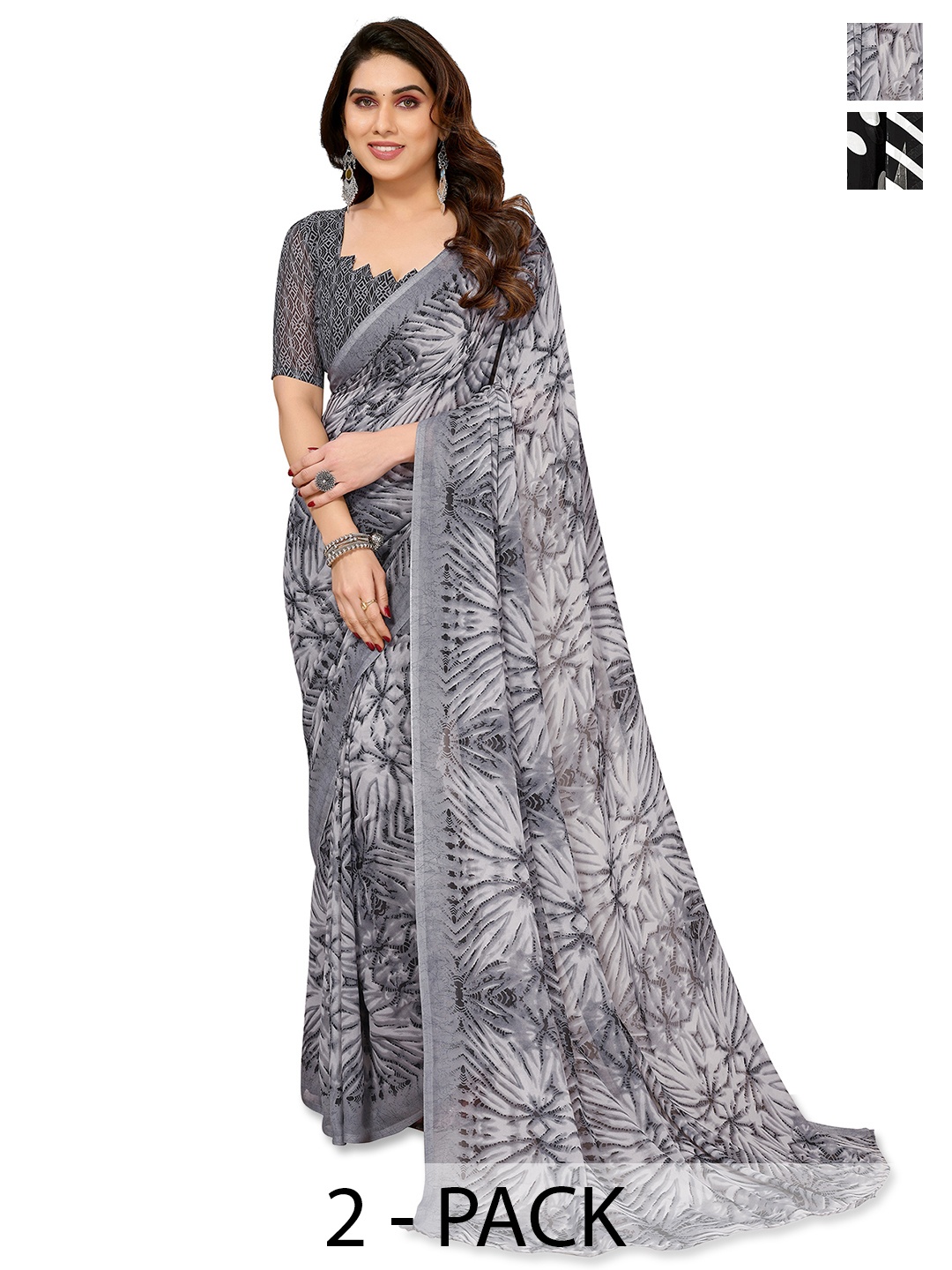 

ANAND SAREES Striped Printed 2-Pack Saree, Black