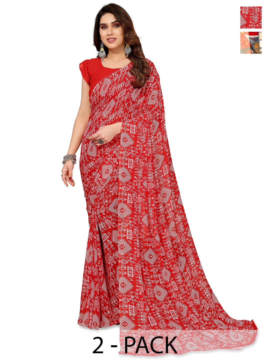 

ANAND SAREES Geometric Saree Pack of 2, Red