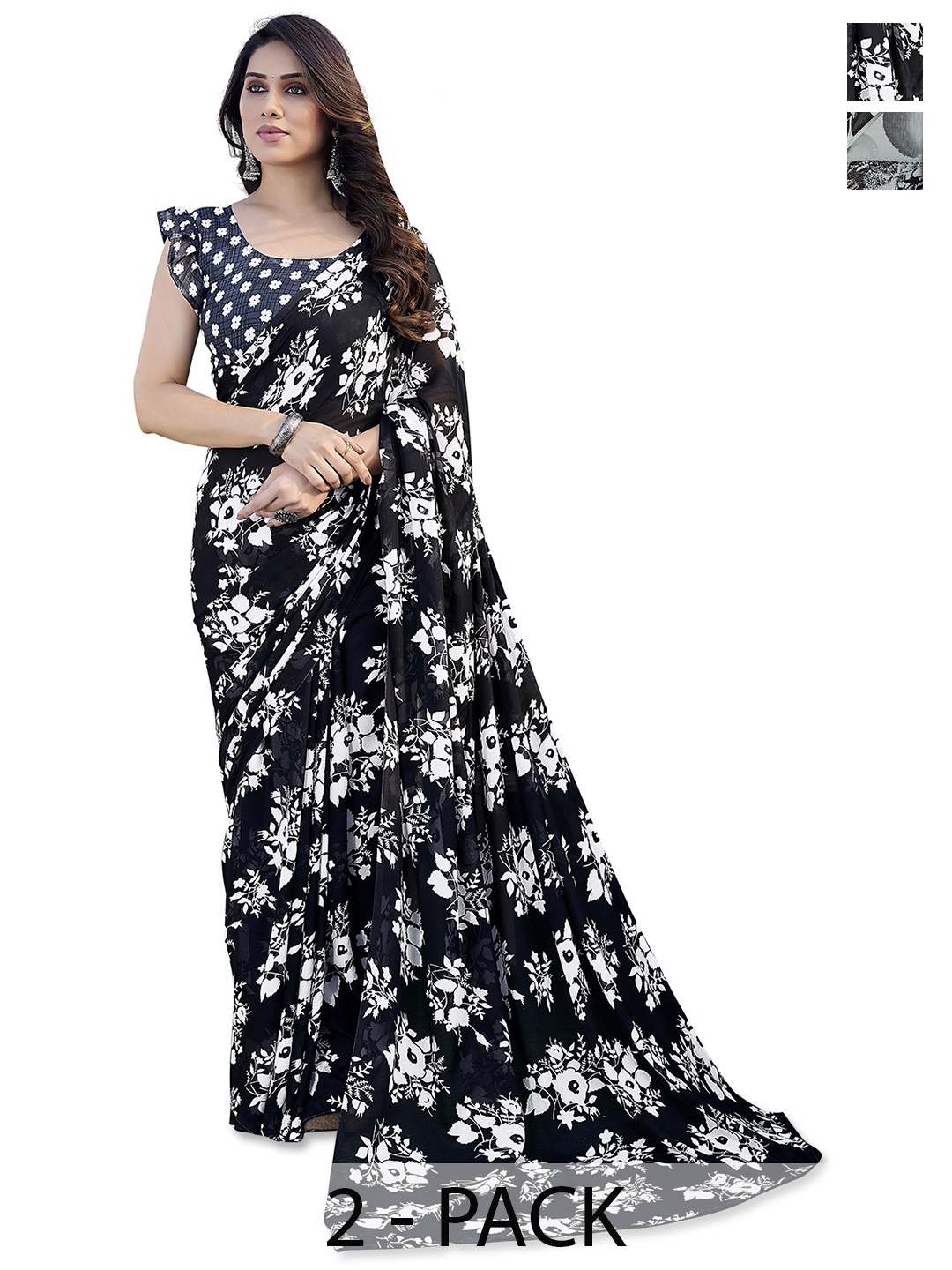 

ANAND SAREES Floral Saree Pack of 2, Black