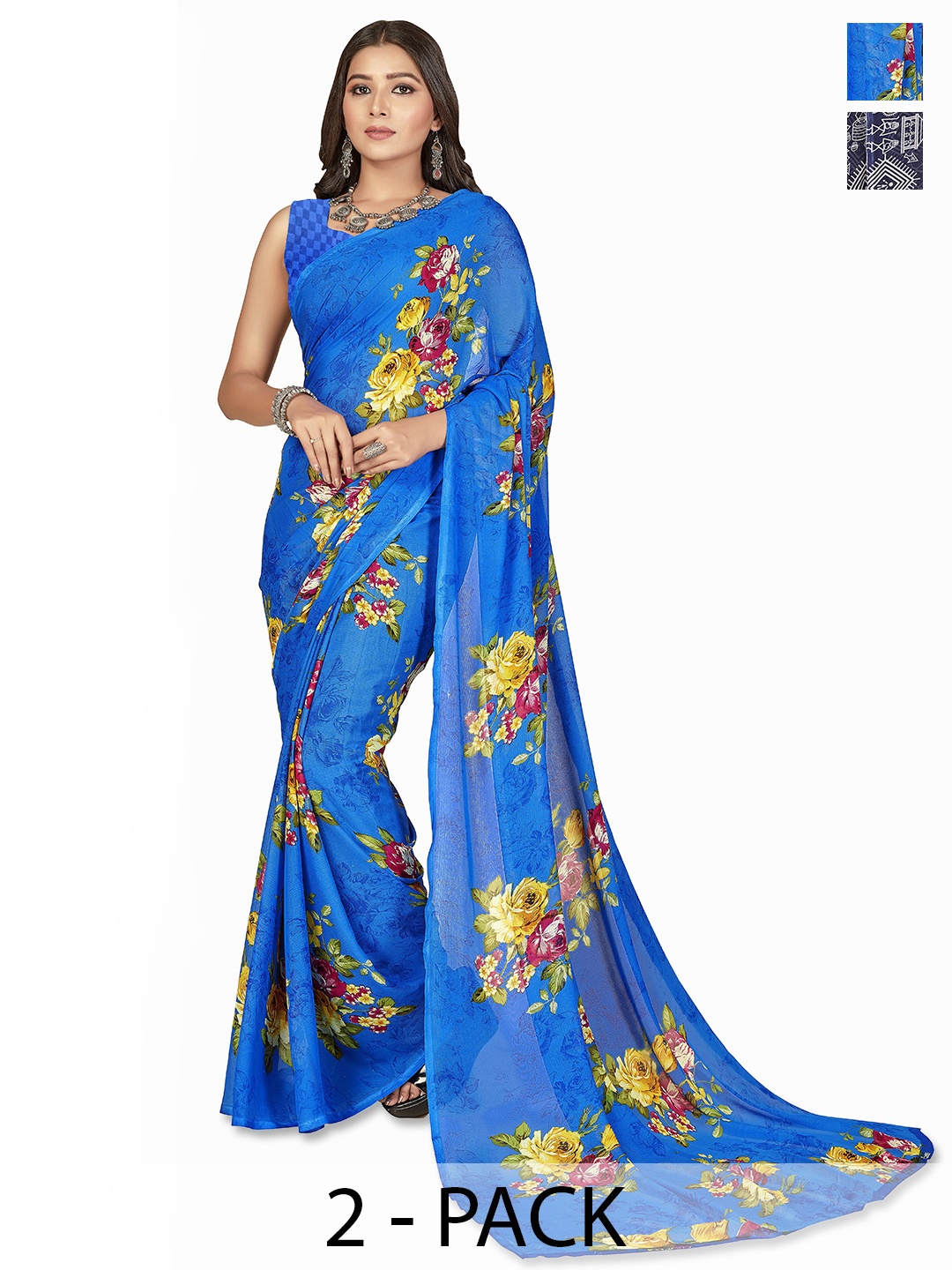 ANAND SAREES Floral Saree Pack of 2, Blue