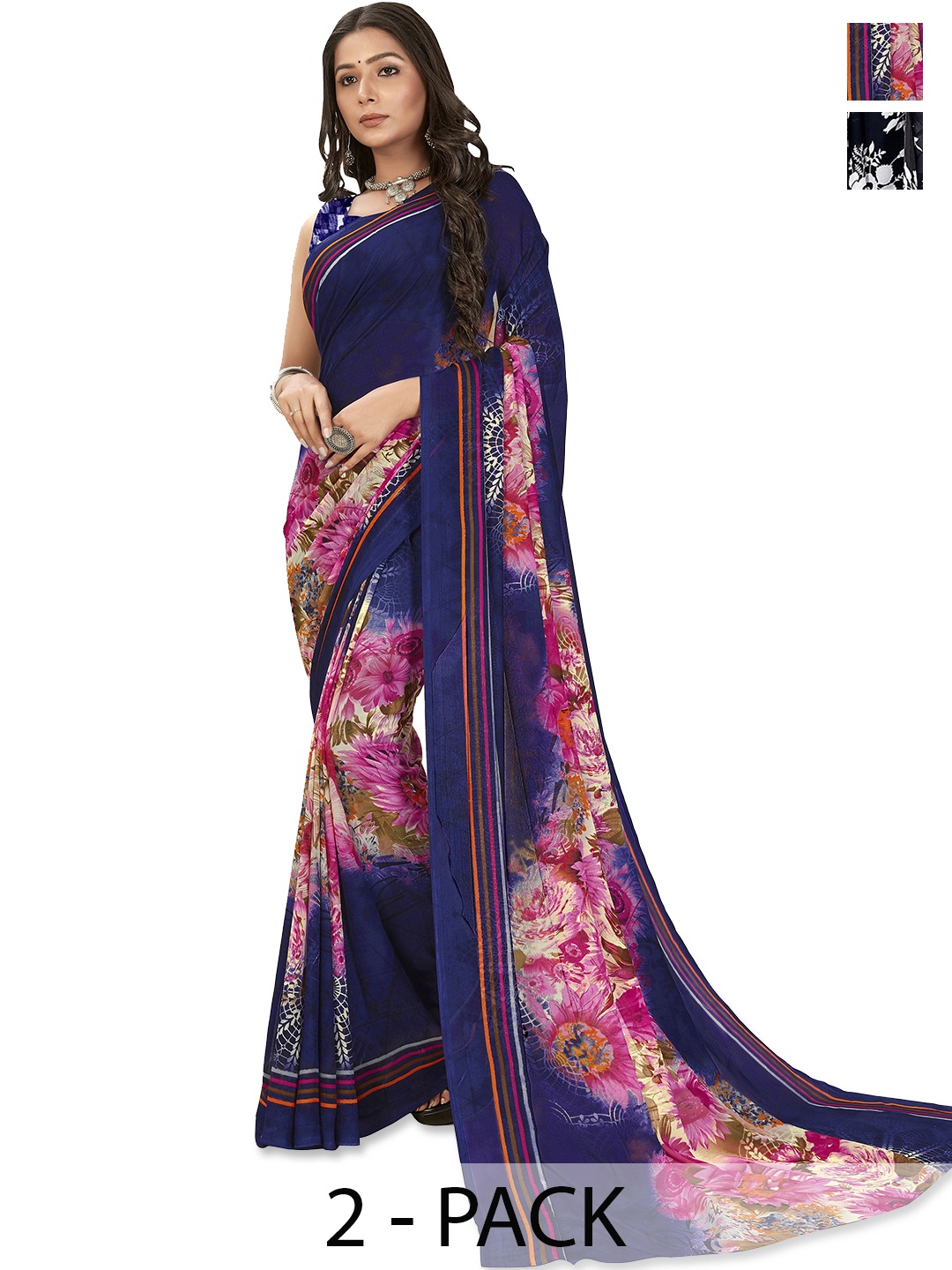 

ANAND SAREES Floral Saree Pack of 2, Navy blue