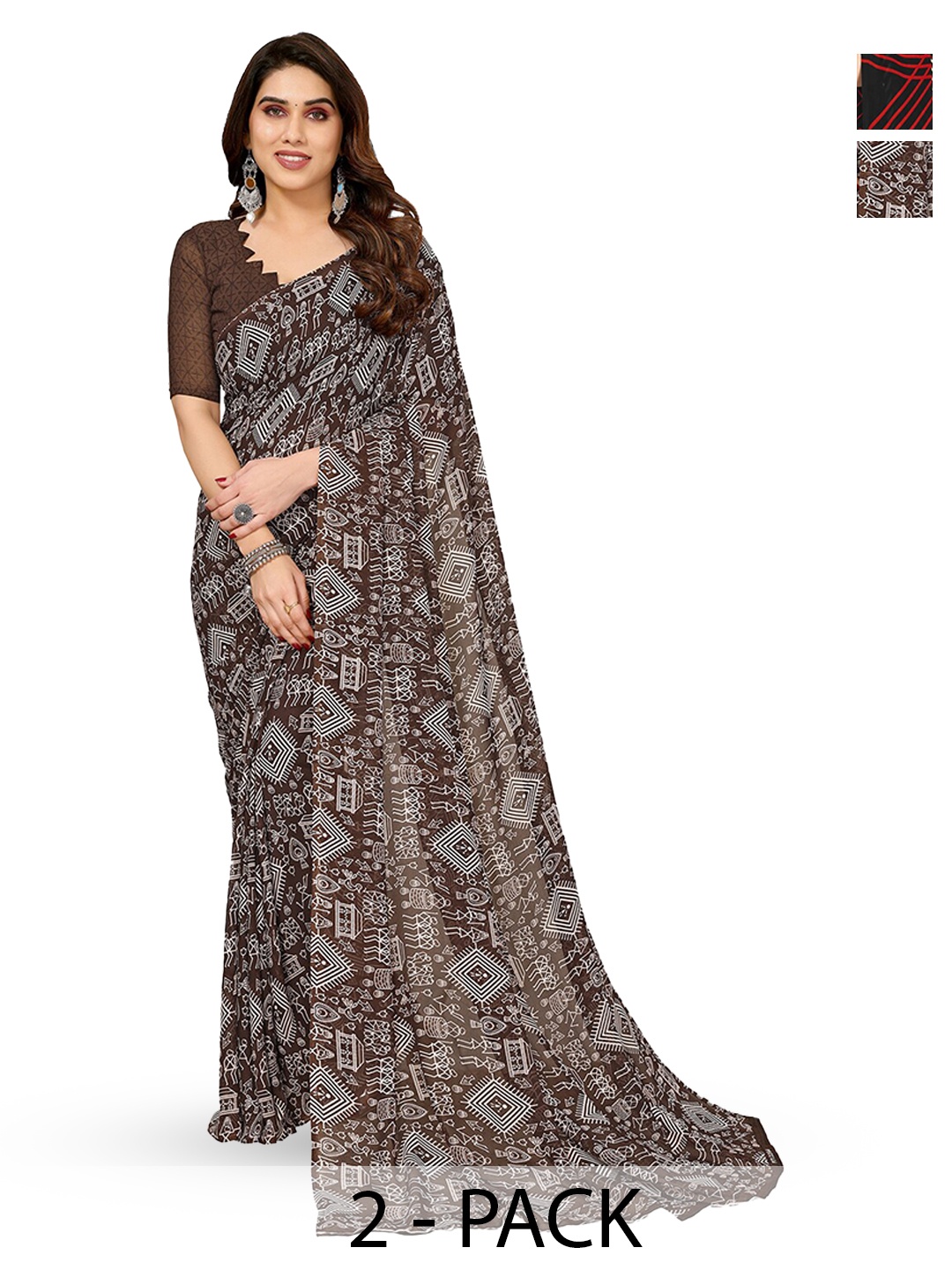 

ANAND SAREES Selection of 2 Warli Printed Saree, Brown