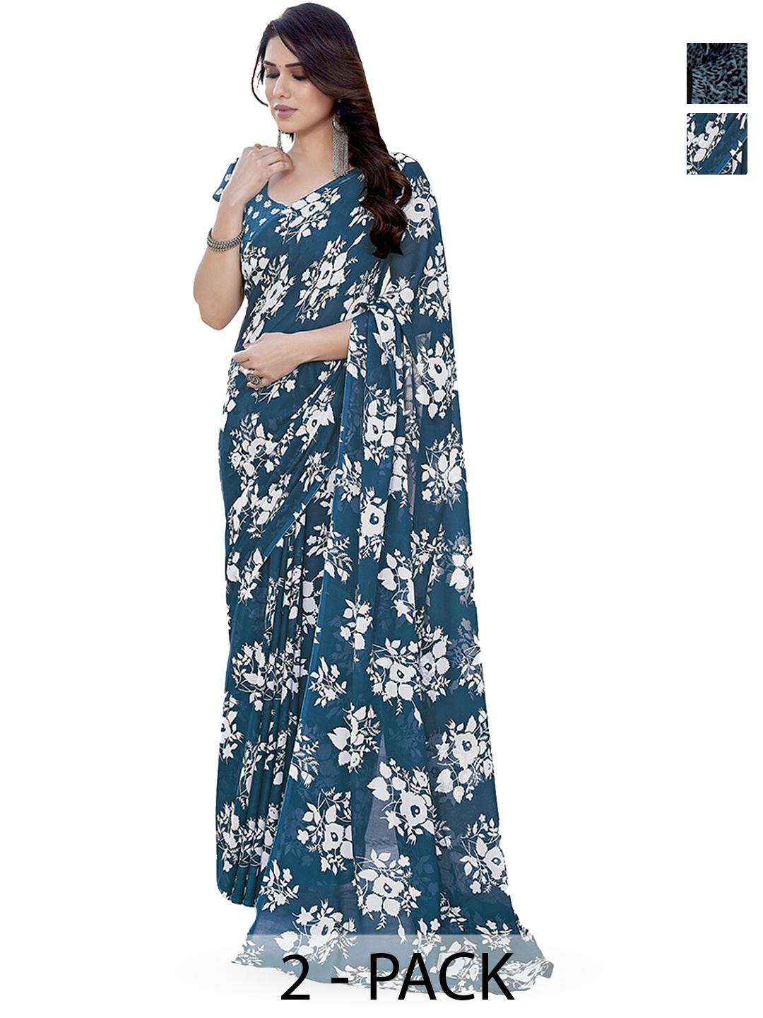 

ANAND SAREES Selection of 2 Floral Printed Saree, Blue