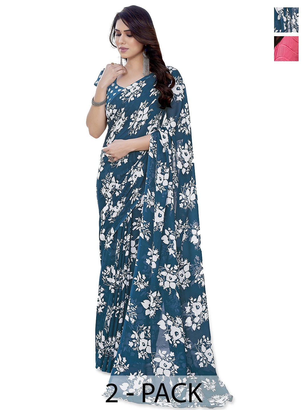 ANAND SAREES Floral Saree Pack of 2, Blue