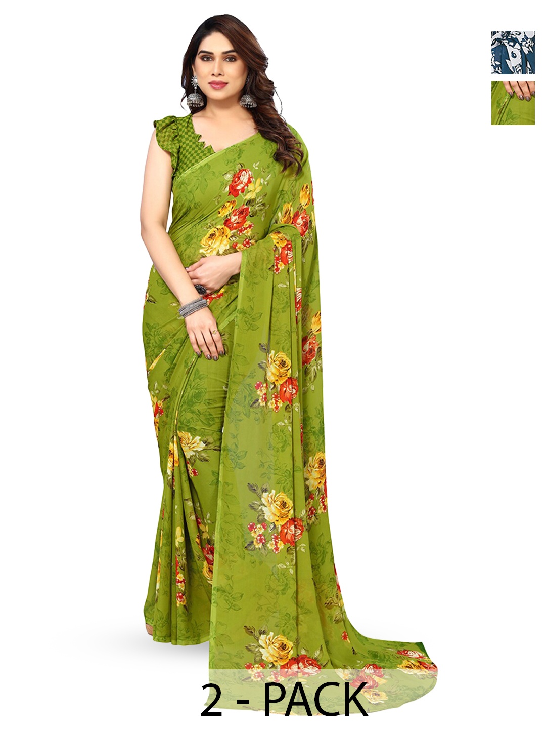 

ANAND SAREES Selection of 2 Floral Printed Saree, Green
