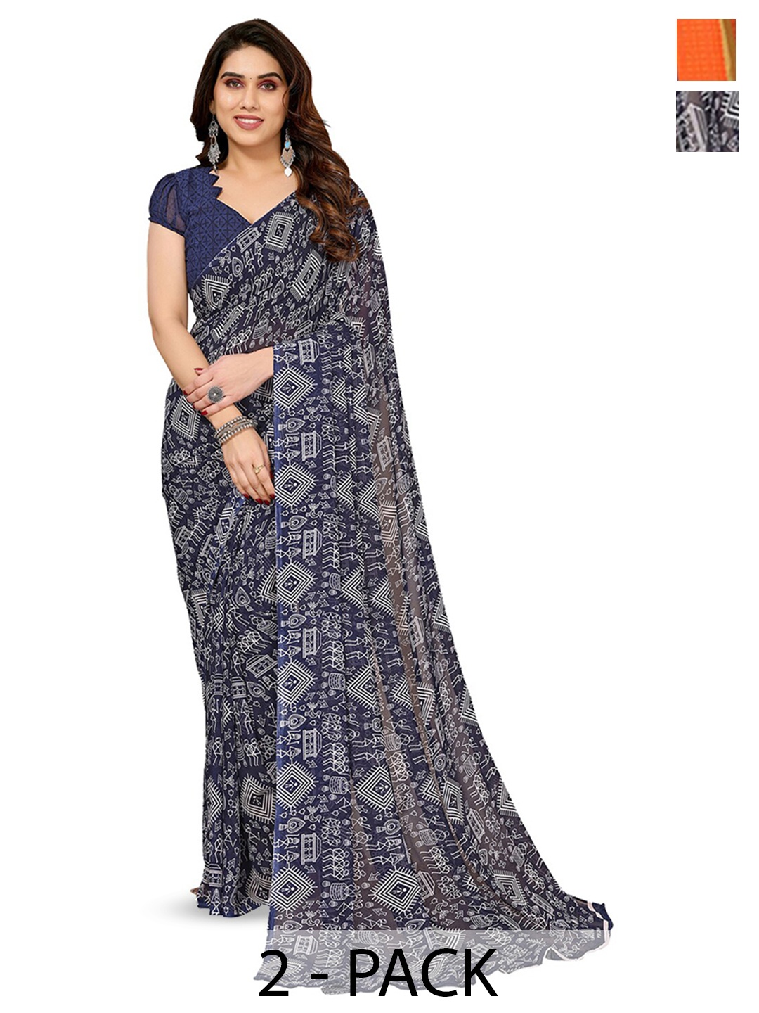 

ANAND SAREES Selection of 2 Warli Printed Sarees, Blue