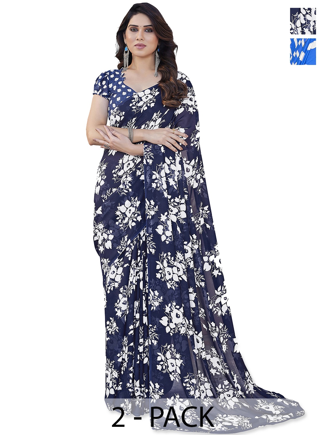 ANAND SAREES Floral Saree Pack of 2, Navy blue