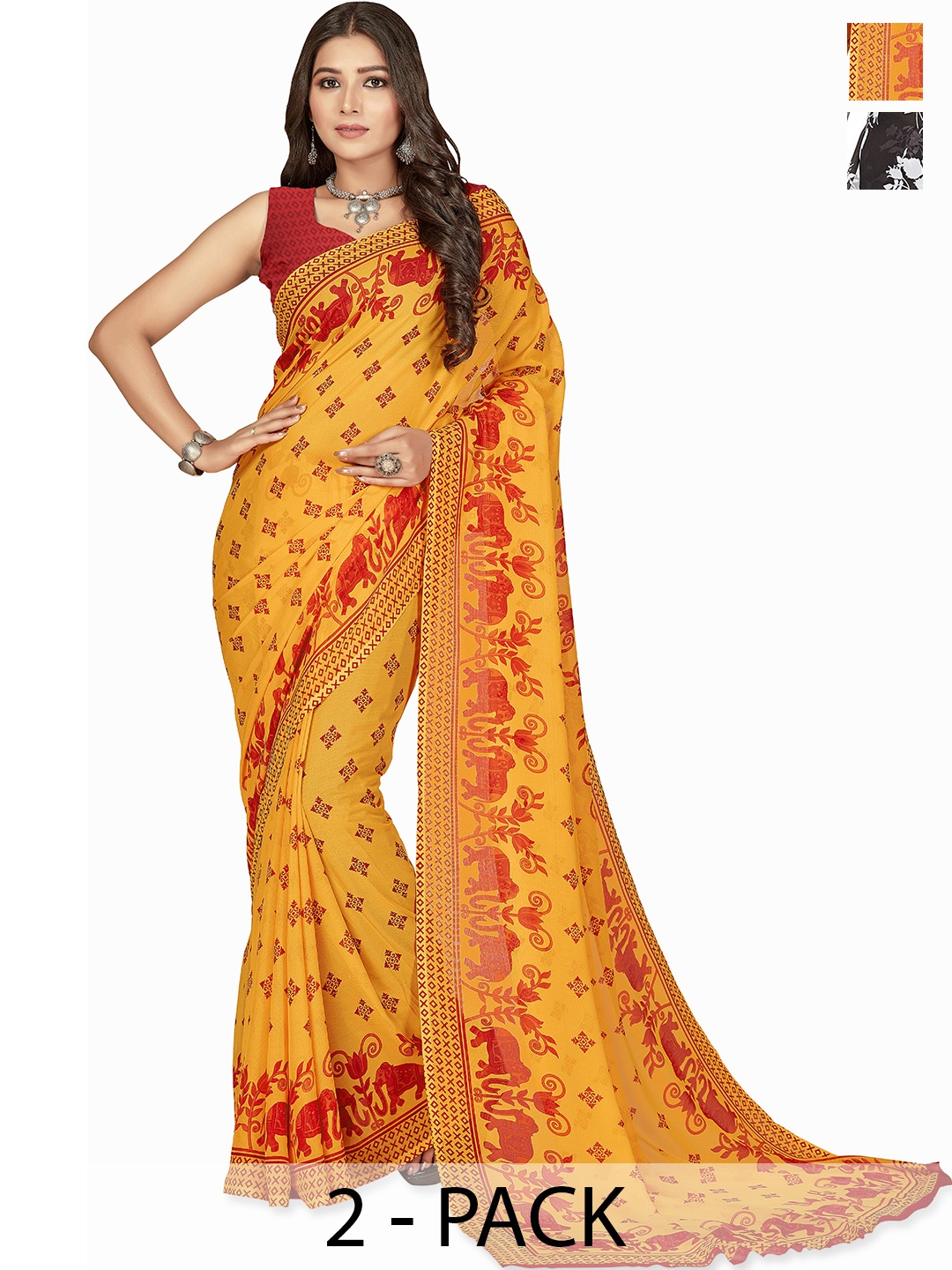 

ANAND SAREES Pack of 2 Floral Saree, Orange