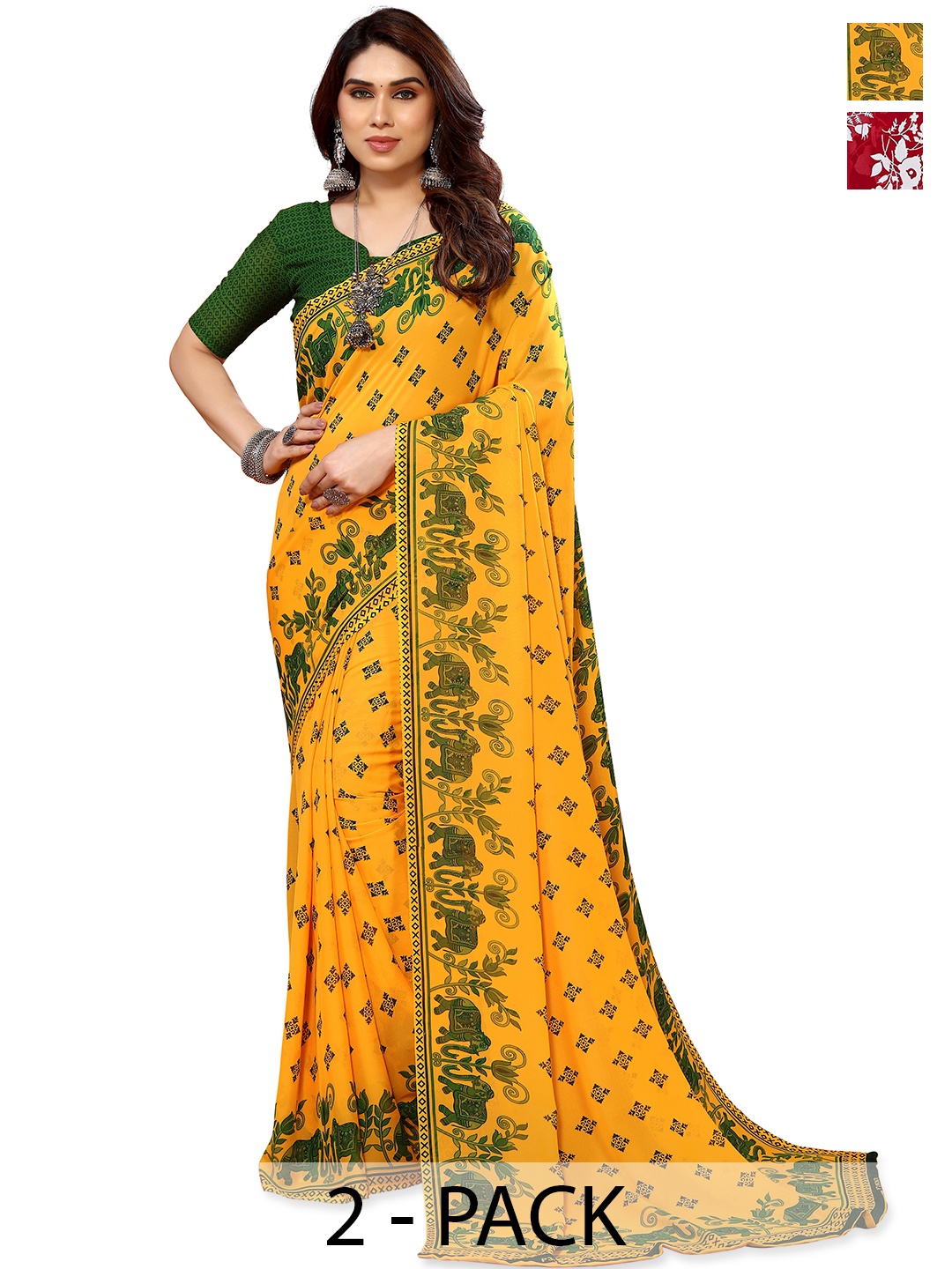 

ANAND SAREES Pack of 2 Floral Saree, Red