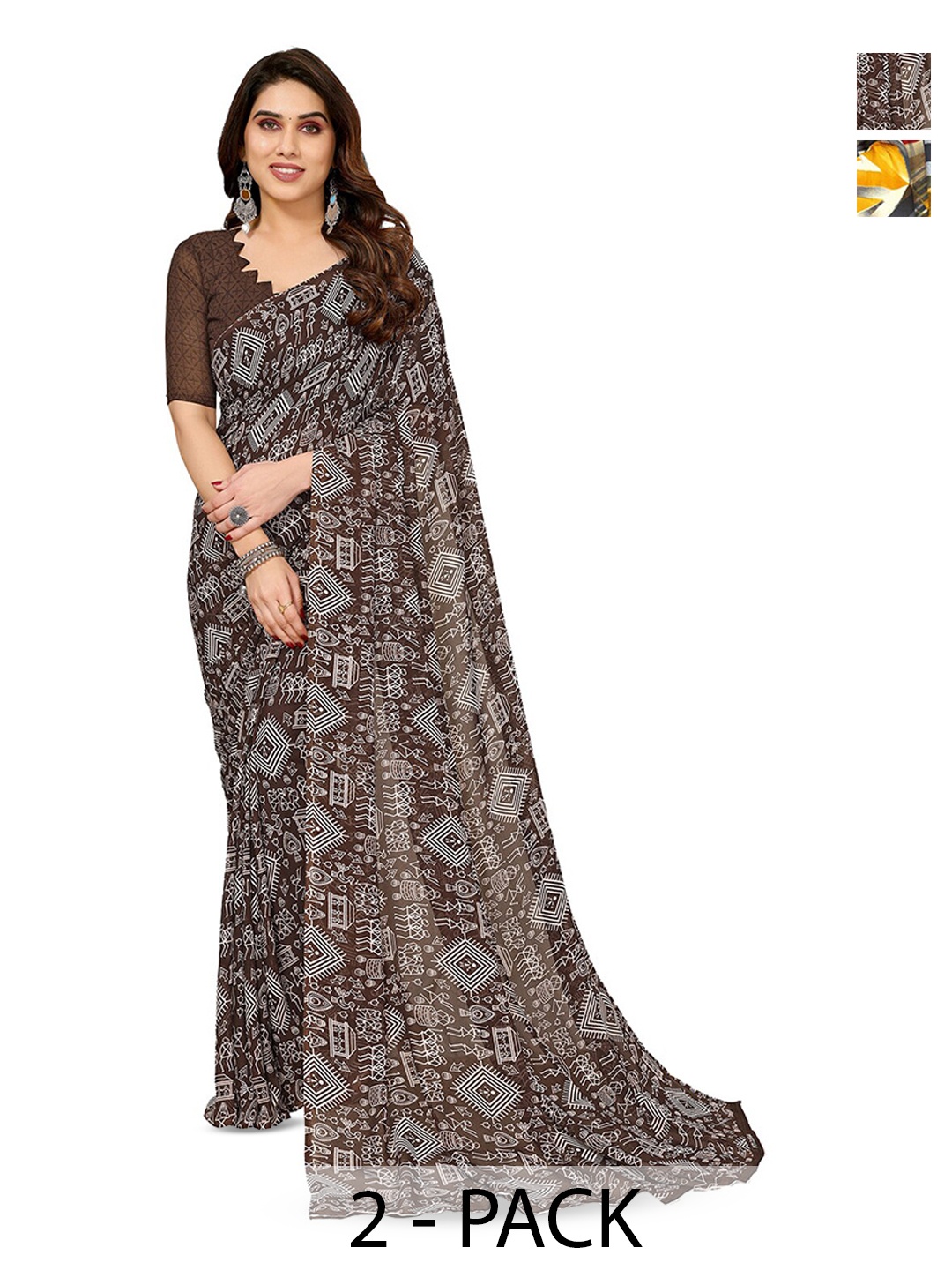 

ANAND SAREES Selection of 2 Warli Printed Saree, Brown