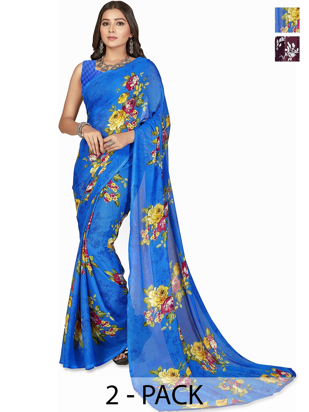 

ANAND SAREES Pack of 2 Floral Saree, Blue