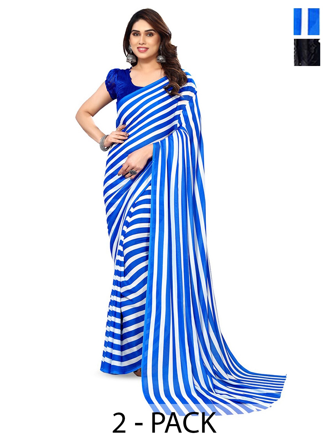 

ANAND SAREES Selection Of 2 Striped Printed Saree, Blue