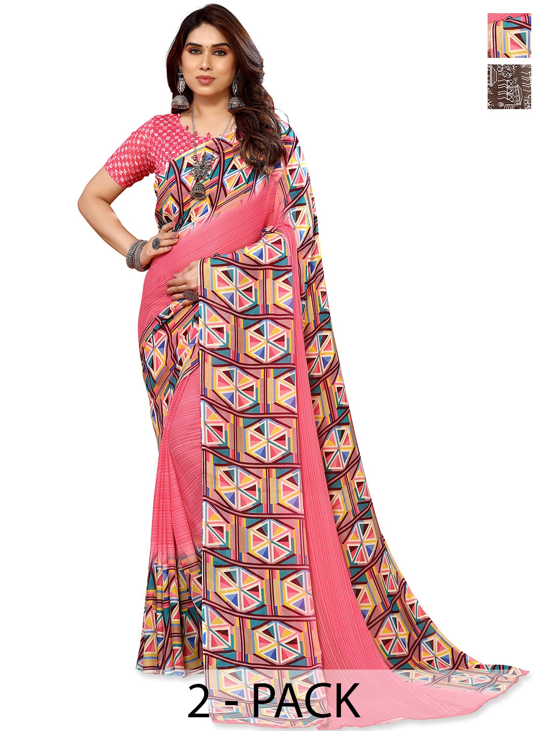 

ANAND SAREES Pack of 2 Warli Saree, Brown