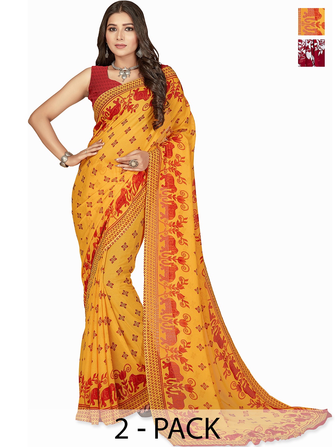 

ANAND SAREES Pack of 2 Floral Saree, Red