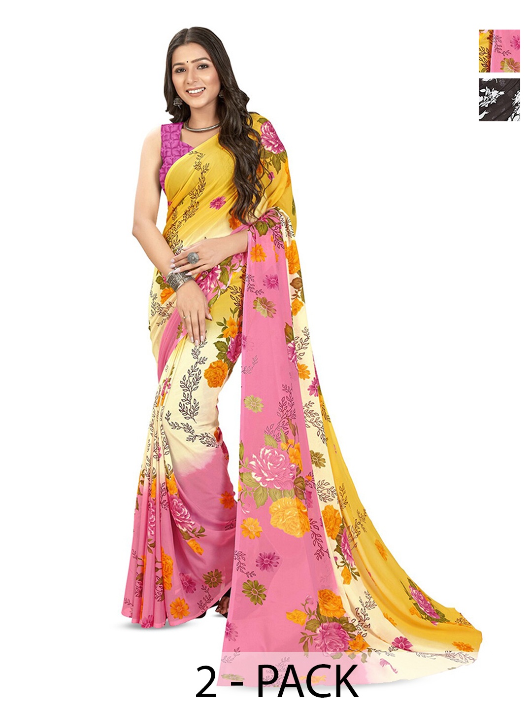 

ANAND SAREES Selection of 2 Floral Printed Saree, Pink
