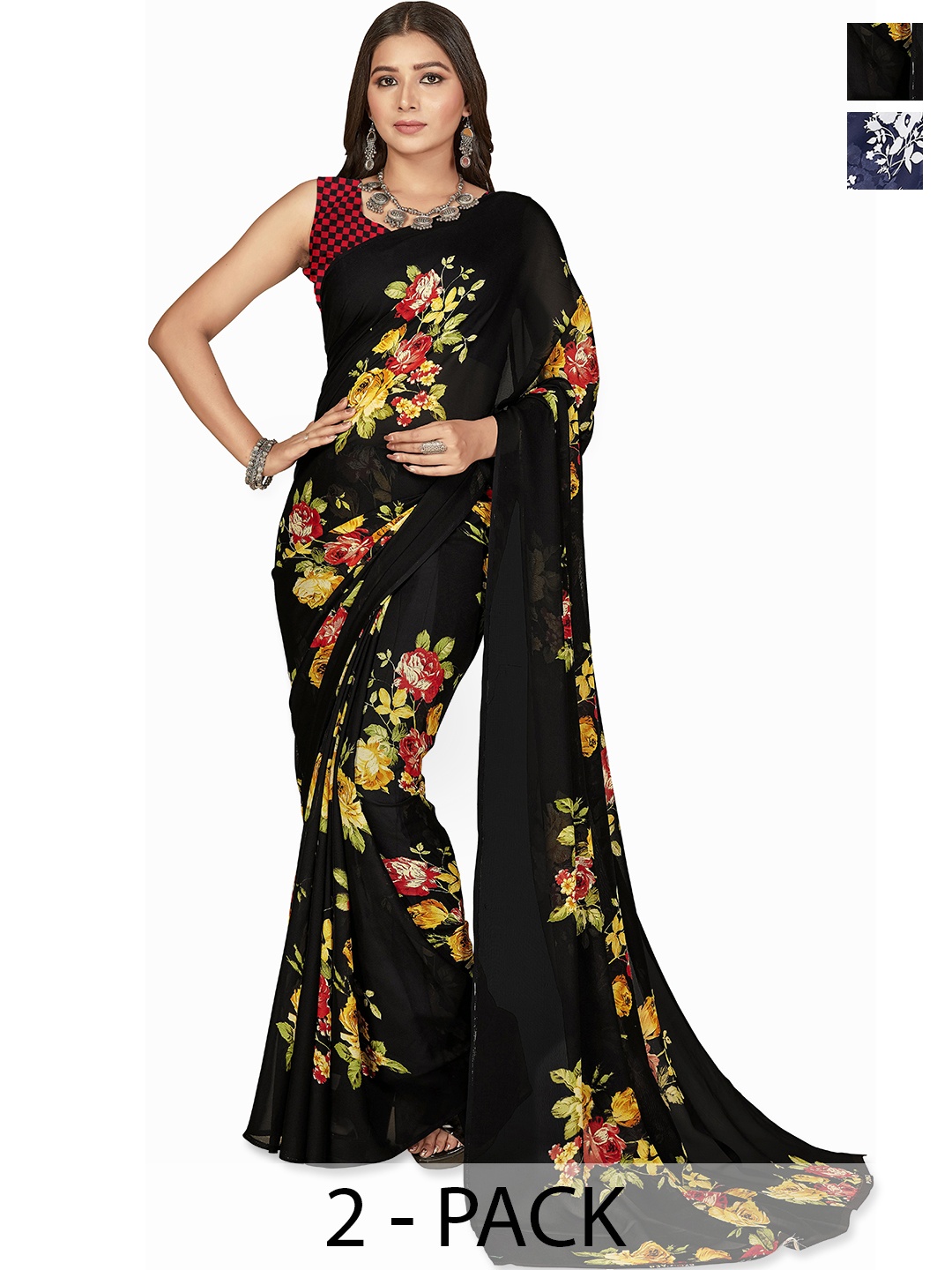 

ANAND SAREES Pack of 2 Floral Saree, Black