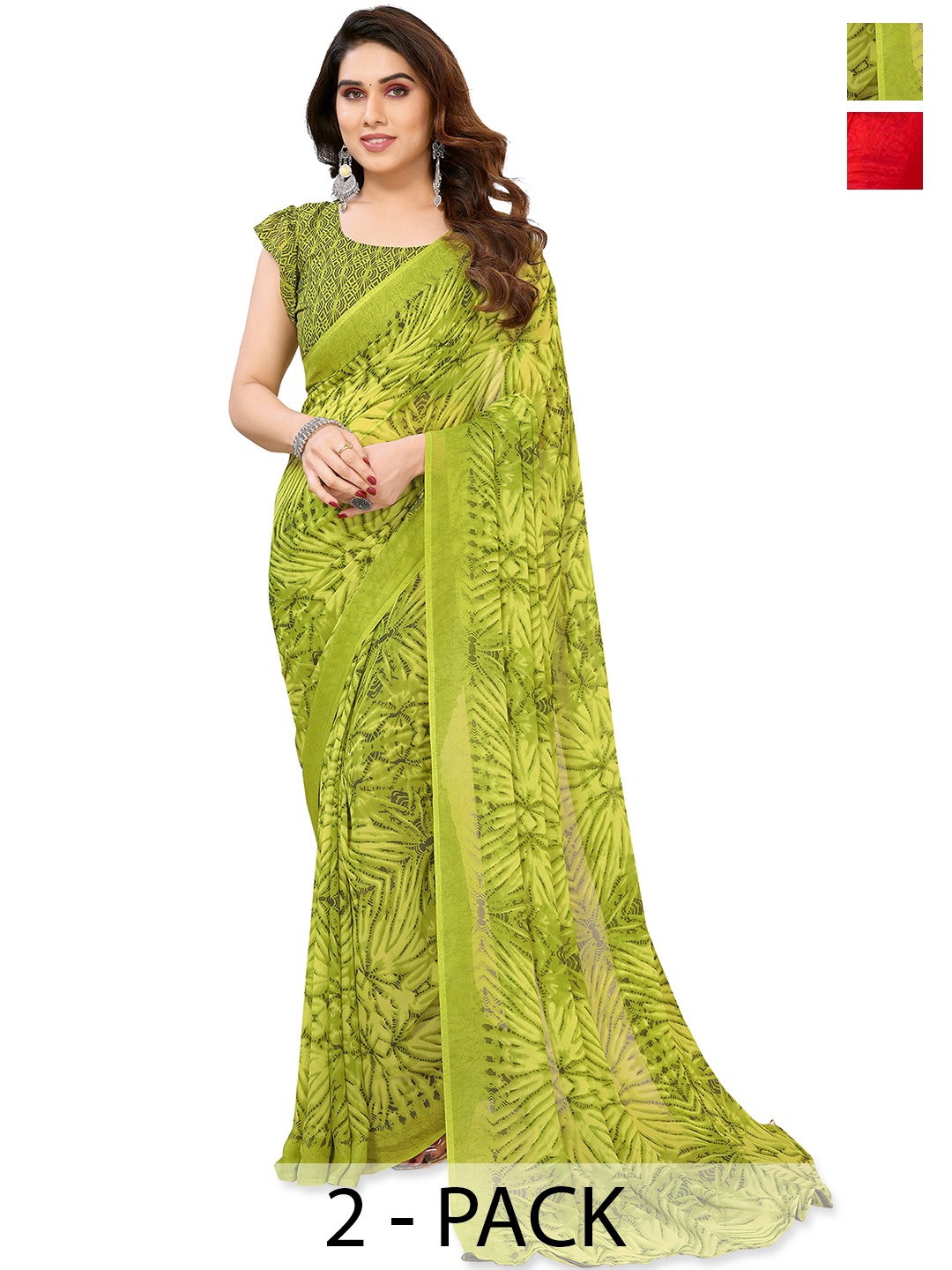 

ANAND SAREES Floral Saree Pack of 2, Green