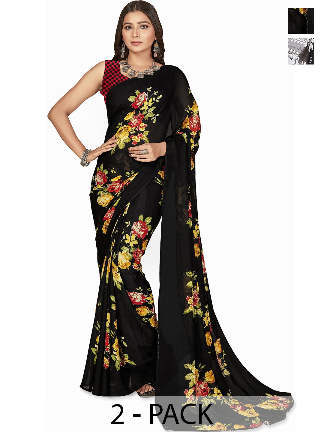 

ANAND SAREES Pack of 2 Floral Saree, Black