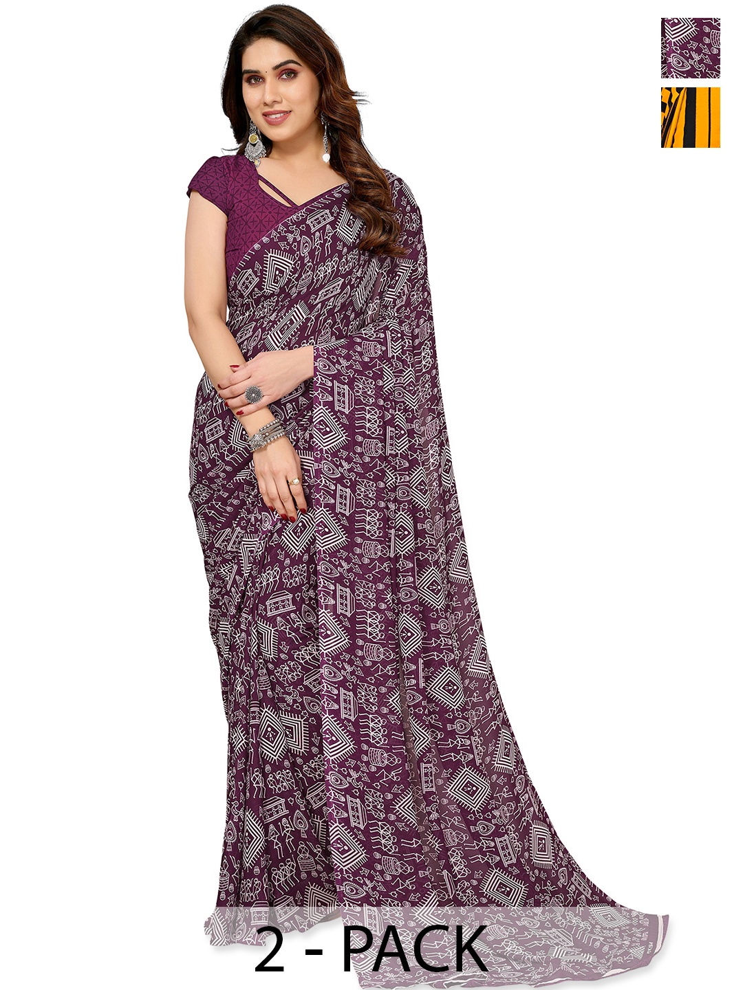 

ANAND SAREES Pack of 2 Warli Saree, Black