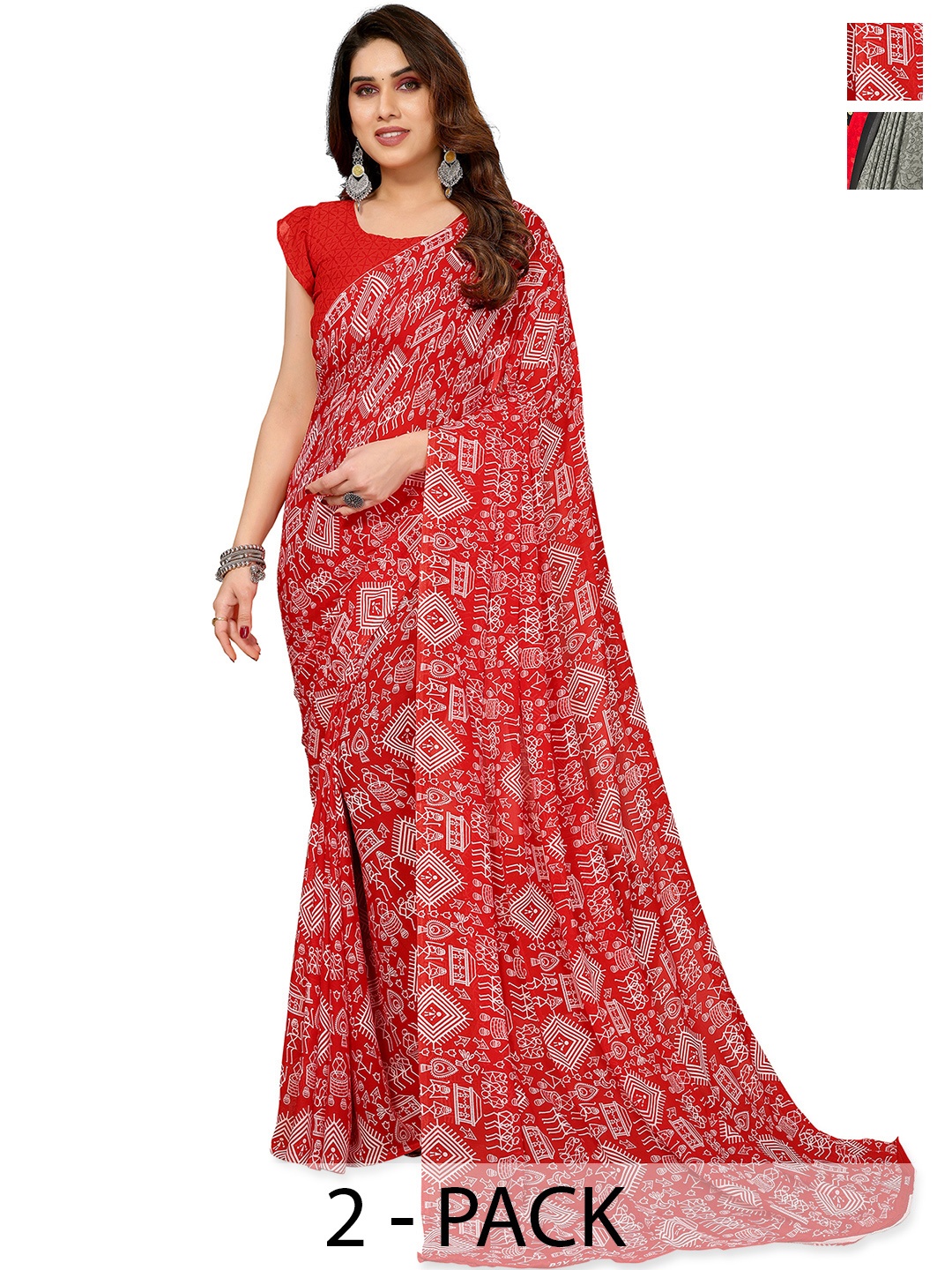 

ANAND SAREES Pack of 2 Warli Saree, Red