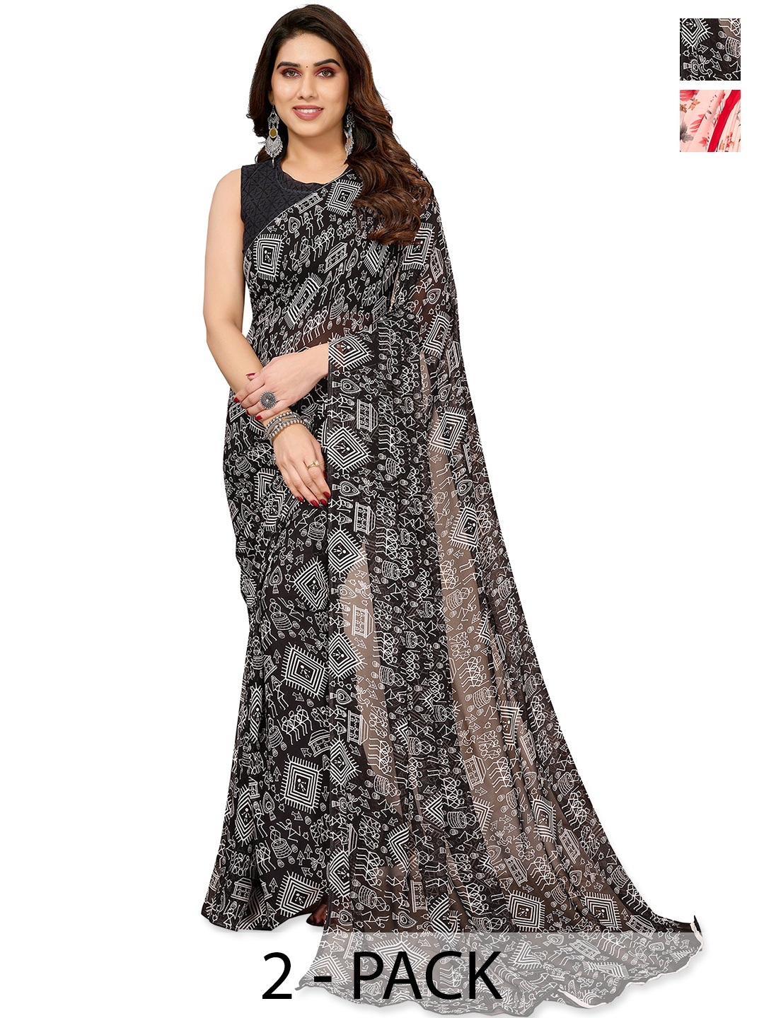 

ANAND SAREES Pack of 2 Warli Saree, Black