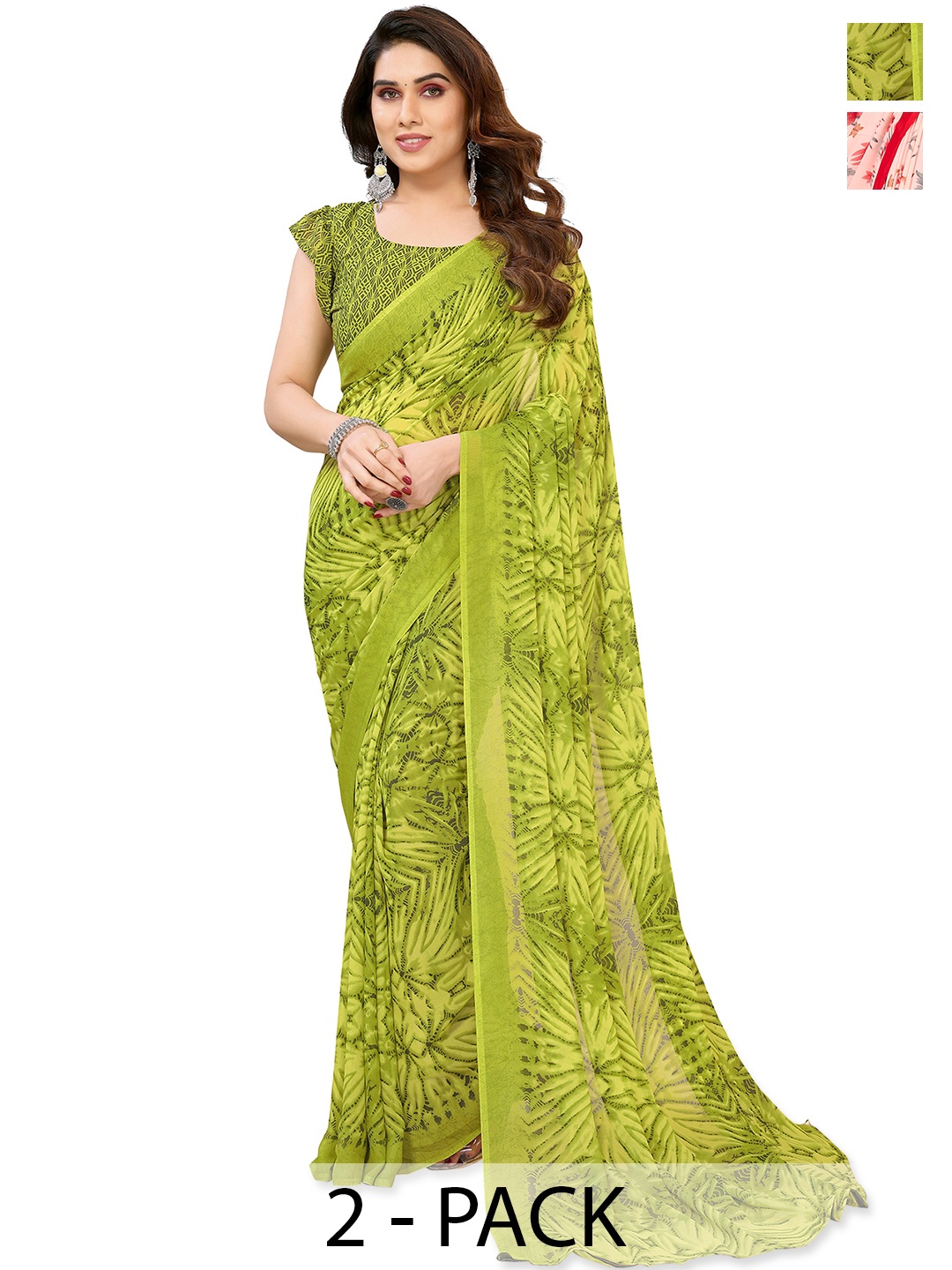 

ANAND SAREES Pack of 2 Floral Saree, Green